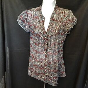 Maurices Gray and Pink Ruffled Bib Collar Blouse